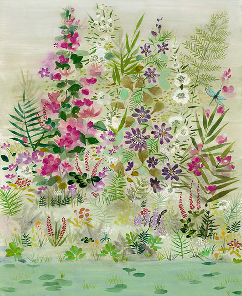 Colorful illustration of flowers and plants with a water surface at the bottom.