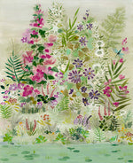 Colorful illustration of flowers and plants with a water surface at the bottom.
