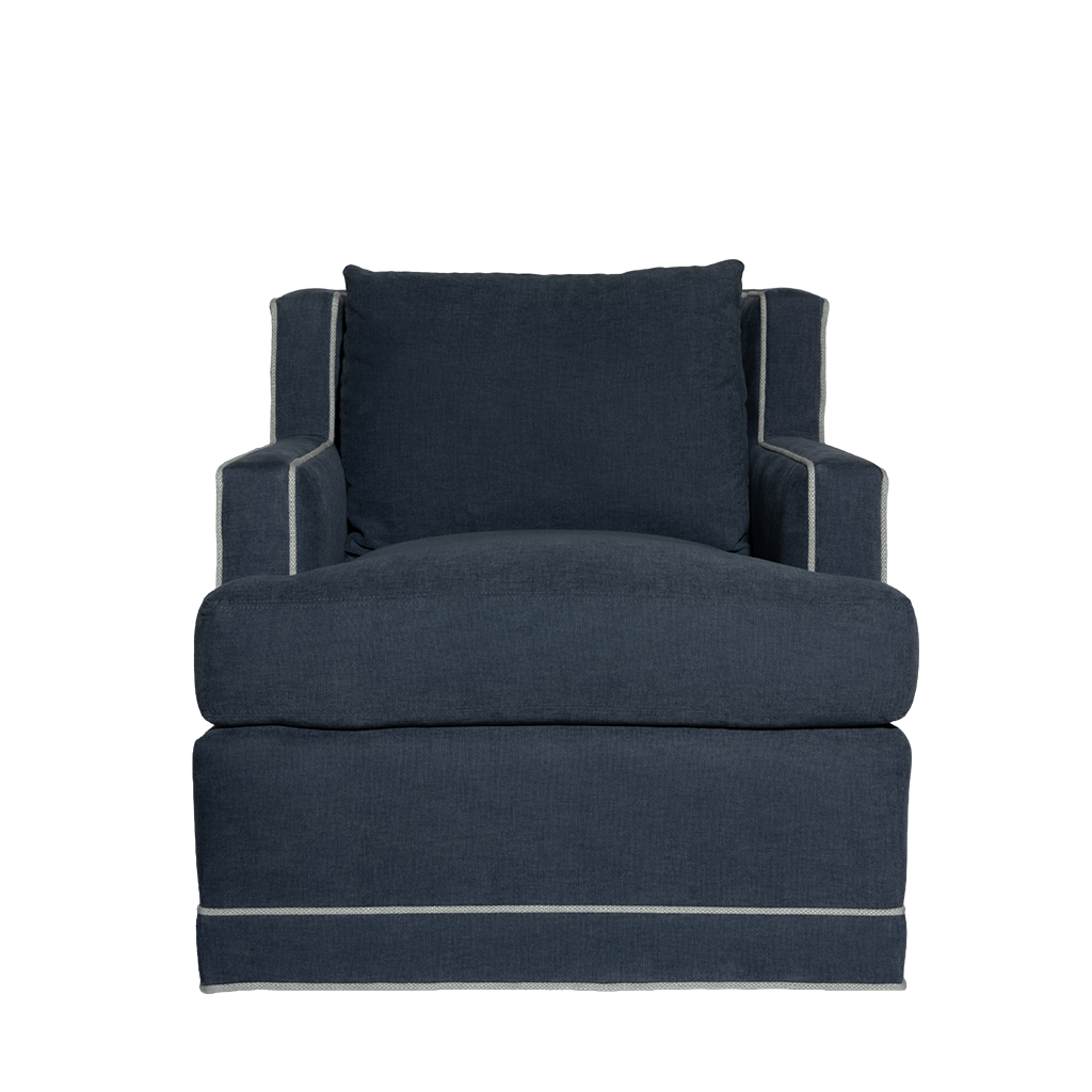 Dark blue armchair with a pillow on a white background