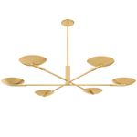 A modern six-light brass chandelier with a central downrod, vertical stem, and six radiating arms ending in circular and teardrop-shaped shades, shown against a plain white background.
