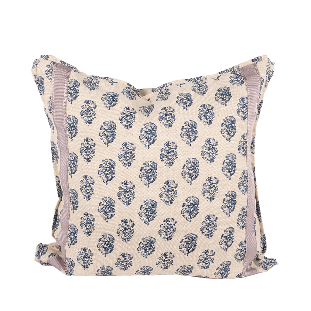 decorative pillow with navy flowers and lavender stripe border