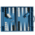 An open blue wooden backgammon set with white and black checkers, white and blue dice cups, and dice, photographed from above on a white background.
