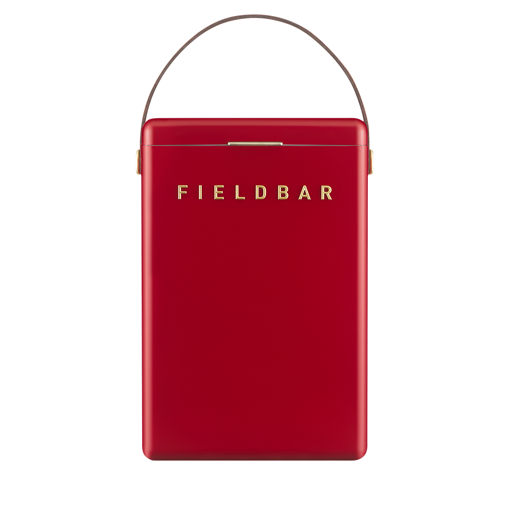 A red rectangular Fieldbar case with a brown leather handle and gold lettering on a plain white background.