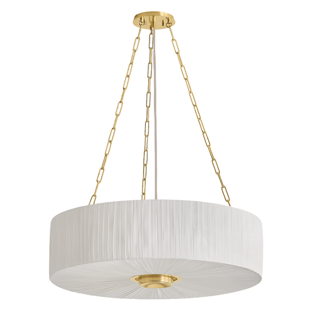 A modern drum pendant light with a white pleated fabric shade and polished gold metal hardware, suspended by gold chain links from a matching gold ceiling canopy.