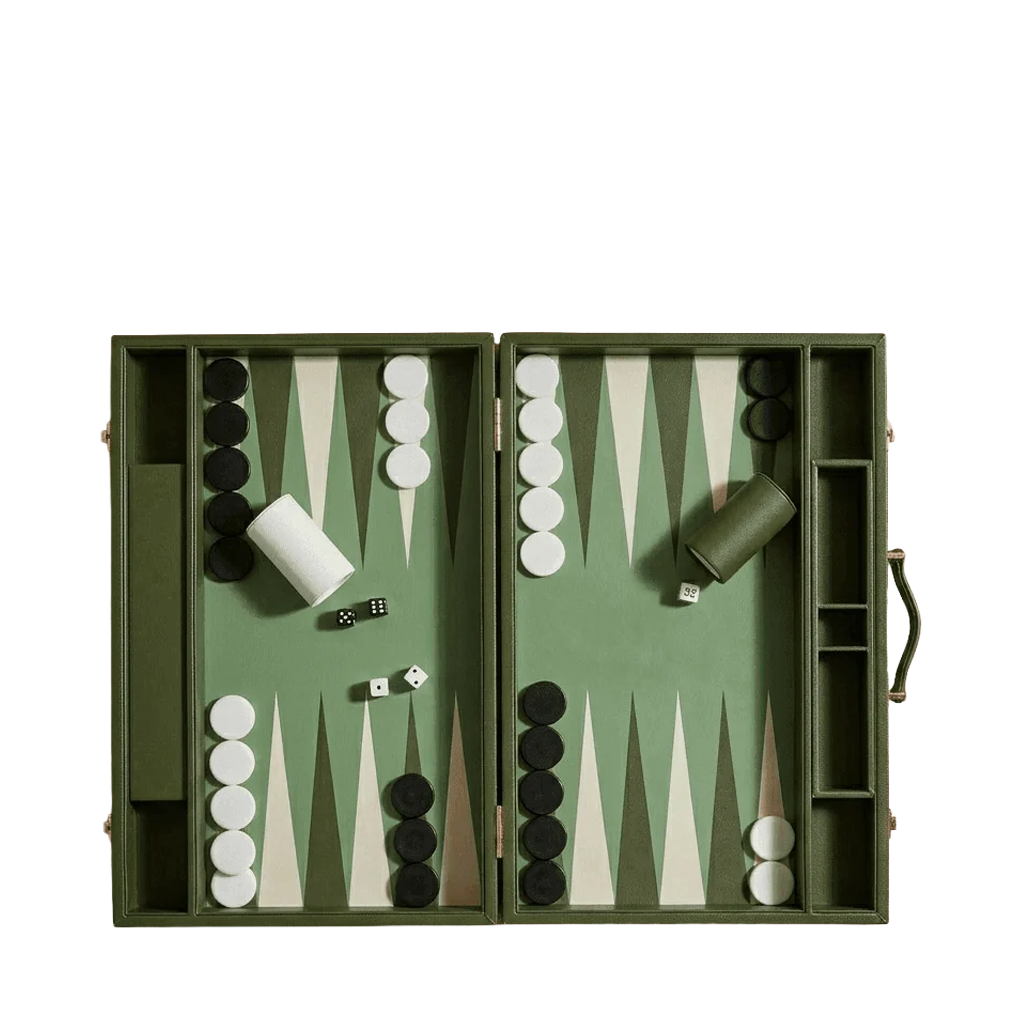 An olive green vintage-style backgammon set displayed open on a clean white background, featuring a matching carrying case, dice, and checkers.