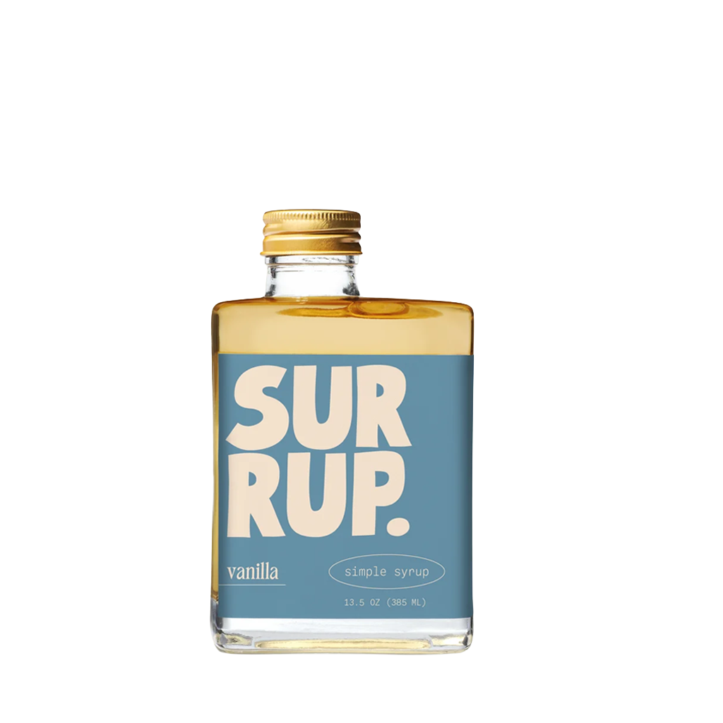 A bottle of SUR RUP. Vanilla Simple Syrup with a light blue label and gold cap, set against a plain white background.