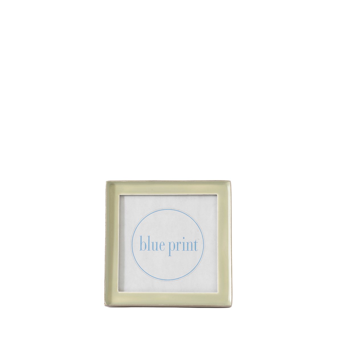 A square picture frame with a light sage green glazed rim, featuring a blue circular outline and the text 'blue print' on the front, set against a plain white background.