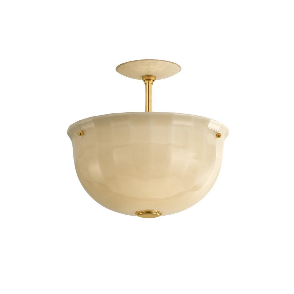 A semi-flush mount ceiling light fixture with a frosted cream glass bowl and polished gold metal hardware, shown against a plain white background.