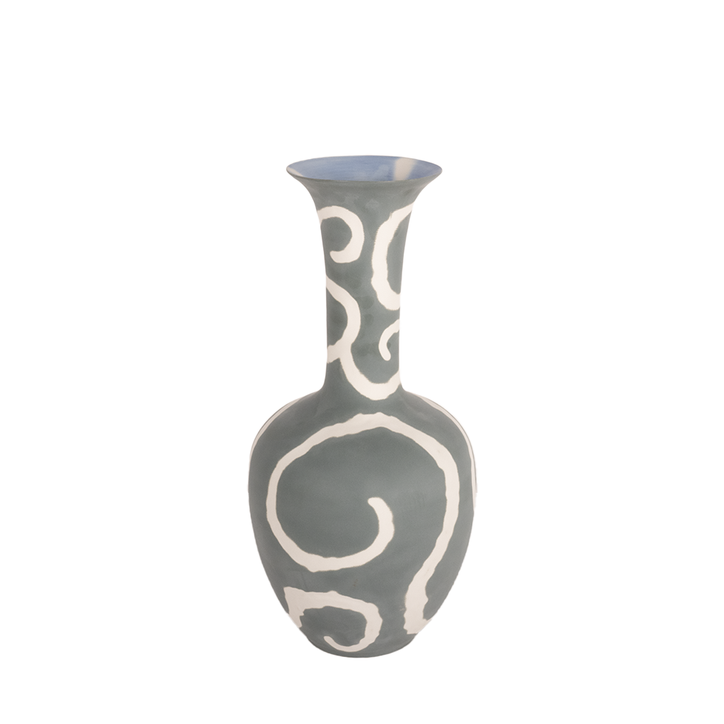 A hand-painted dark grey and white fluted vase with a swirling pattern.