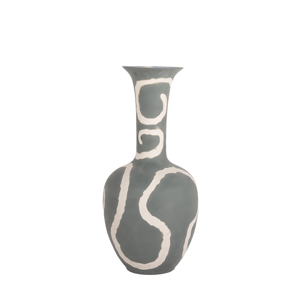A hand-painted dark grey and white fluted vase with a swirling pattern.
