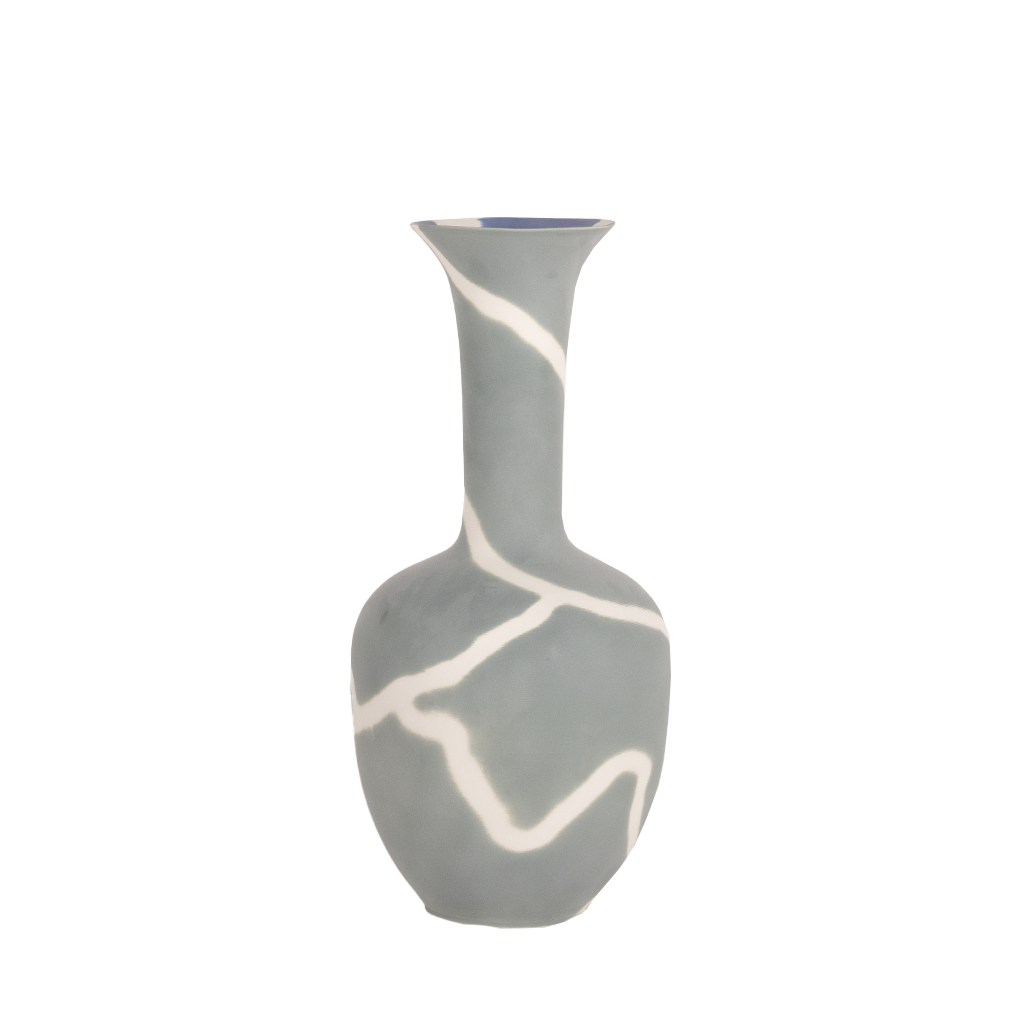 A hand-painted grey and white fluted vase with a swirling pattern.