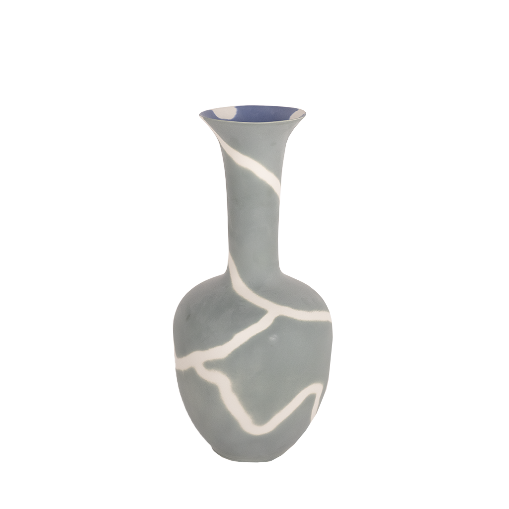 A hand-painted grey and white fluted vase with a swirling pattern.