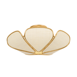 A modern semi-flush mount ceiling light fixture with a gold metal frame and three petal-shaped shades made of cream-colored woven fabric, shown against a plain white background.