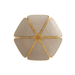 A round, six-panel geometric pendant with a gold-finished frame and textured beige woven panels, shown from a top-down view on a white background.