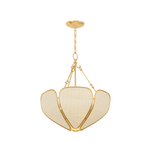 A modern three-light cluster pendant chandelier with a polished gold-finished metal frame and textured cream-colored fabric shades, suspended from a matching gold ceiling canopy and chain.