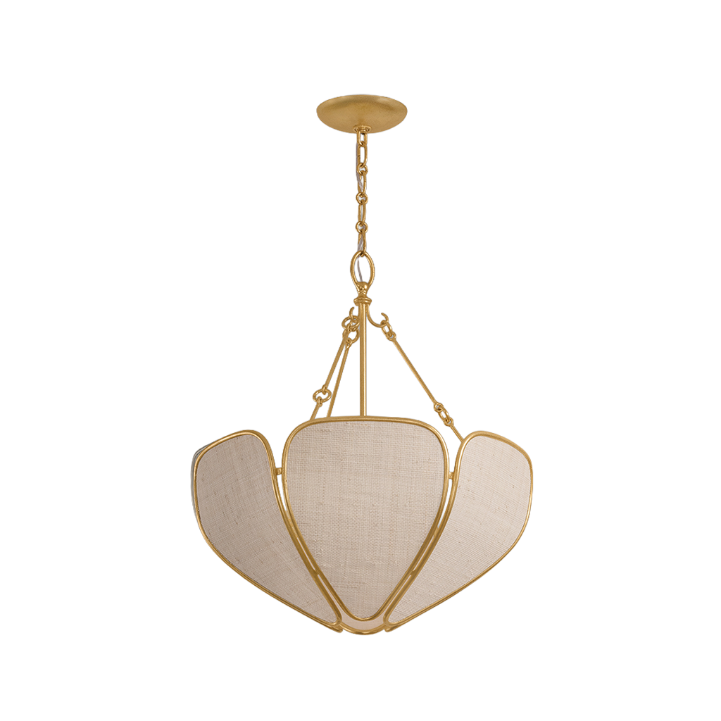 A modern three-light cluster pendant chandelier with a polished gold-tone metal frame and textured cream fabric shades, suspended from a matching gold ceiling canopy.
