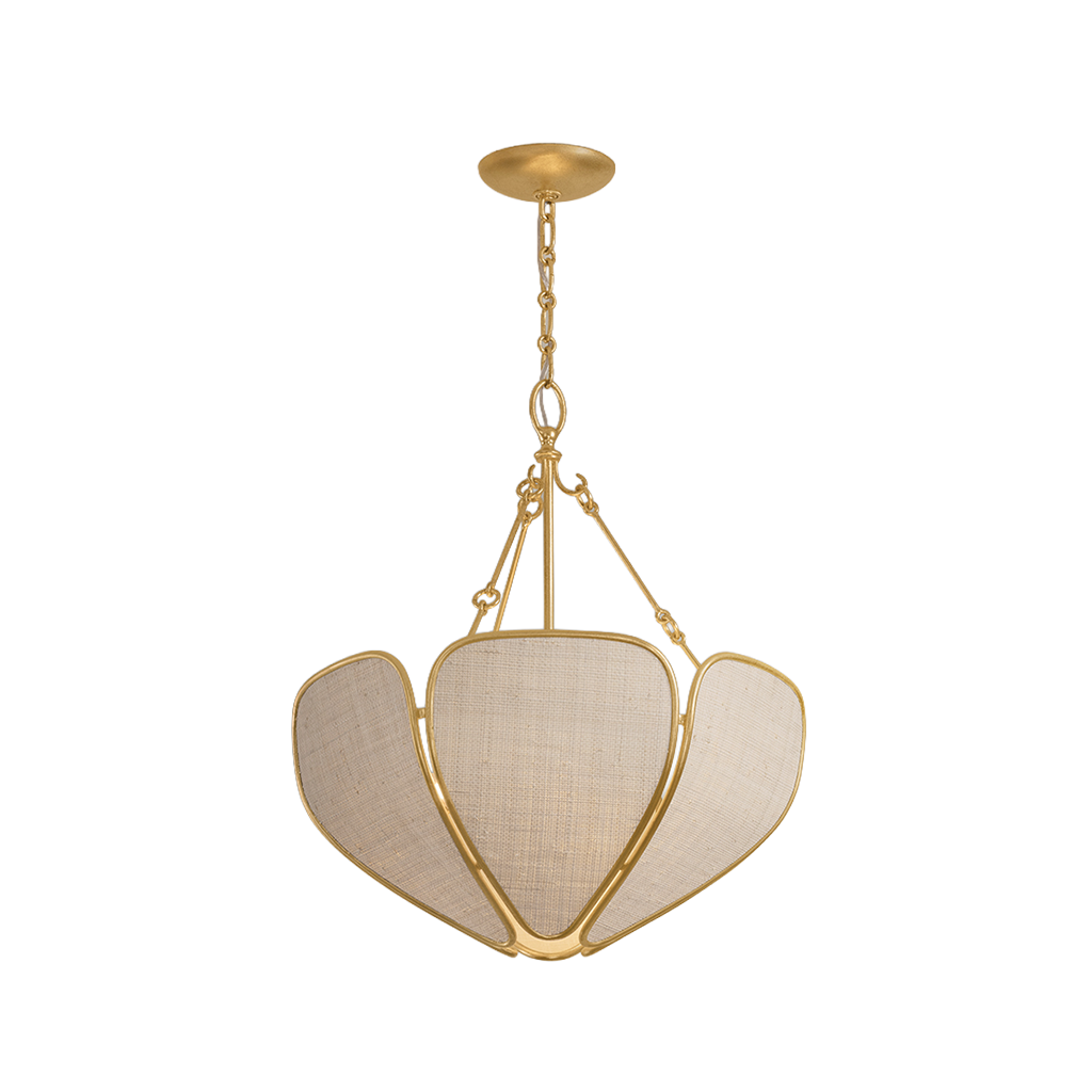 A modern three-light cluster pendant chandelier with a polished gold-tone metal frame and textured cream fabric shades, suspended from a matching gold ceiling canopy.