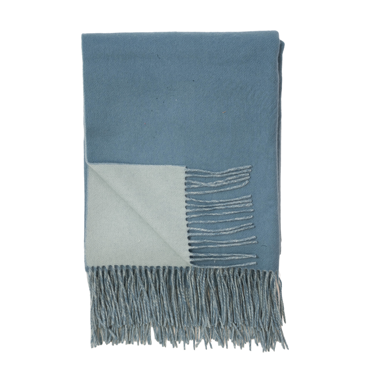 A folded blue throw blanket with a contrasting light blue corner and fringed edges, shown on a plain white background.