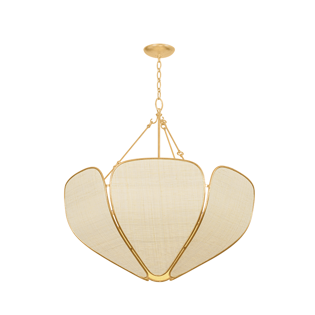 A modern three-light chandelier with a polished gold metal frame and three large, curved cream linen shades, suspended from a matching gold ceiling canopy by a chain.