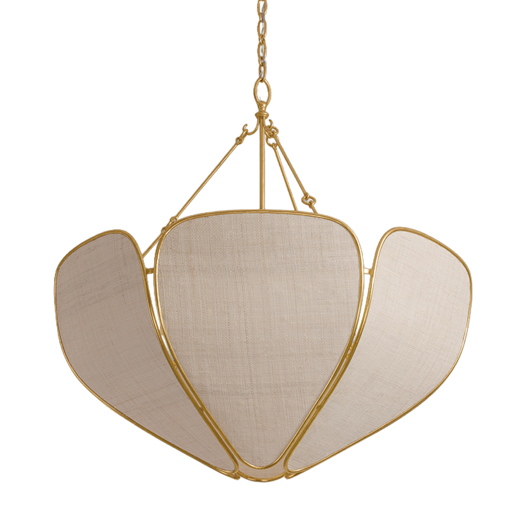 A modern three-light cluster pendant chandelier with a gold-finished metal frame and textured beige fabric shades, suspended from a matching gold chain against a white background.
