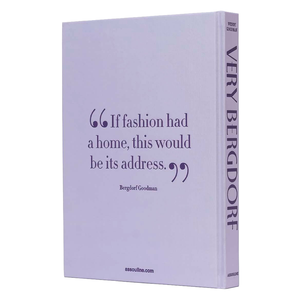 A hardcover book titled 'VERY BERGDORF' by Bergdorf Goodman, shown at a three-quarter angle on a plain white background. The cover is a very pale lavender-purple with dark purple text displaying a quote and the author's name.