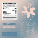 Nutrition facts label and ingredient information for a vanilla-flavored product, shown on a soft blue and beige background with a vanilla flower illustration and icons indicating gluten free, vegan, natural flavors, 1-year shelf life, pure cane sugar, and no funky aftertaste.