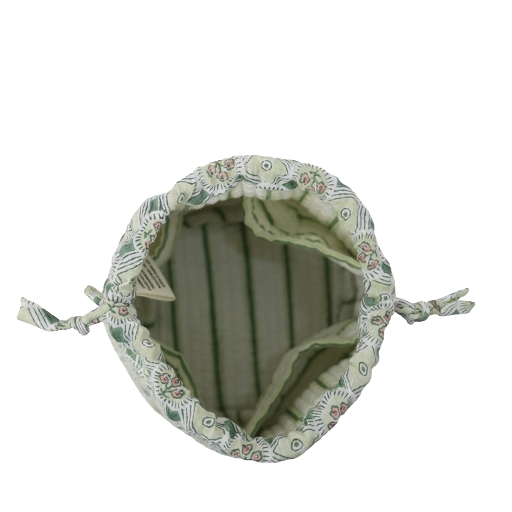A square fabric cushion cover with a sage green and white floral pattern, featuring drawstring ties on the sides and a striped inner lining, shown against a plain white background.