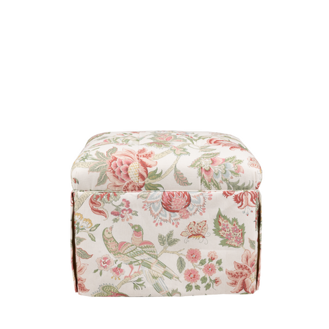 floral bench with pink peonies and birds