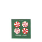 A square green box of Peppermints by Piquadrocks, featuring four red and white swirled peppermint illustrations on the front, set against a plain white background.