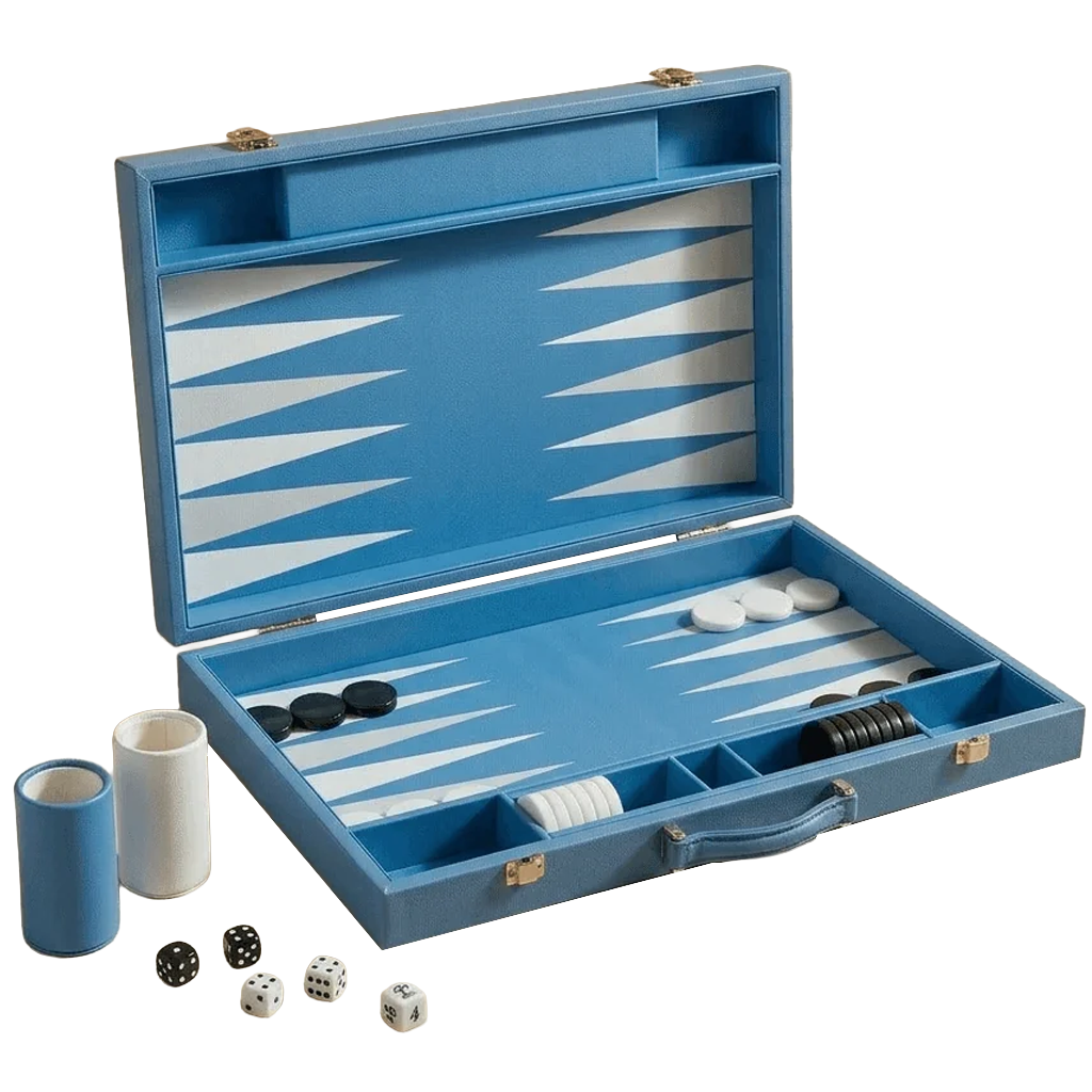 An open blue wooden backgammon set with white and black checkers, dice, and cup holders on a clean white background.