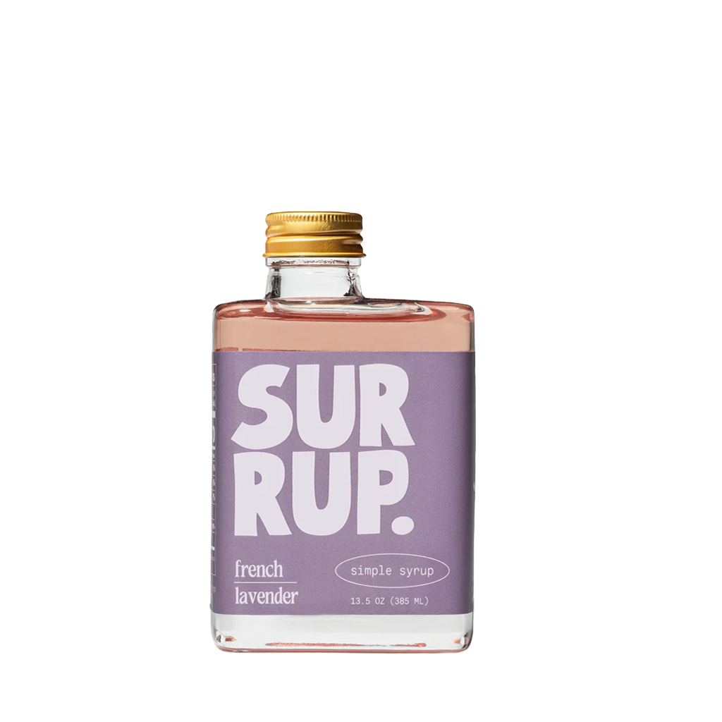 A bottle of SUR RUP. French Lavender simple syrup with a lavender purple label and a gold cap, shown on a solid white background.