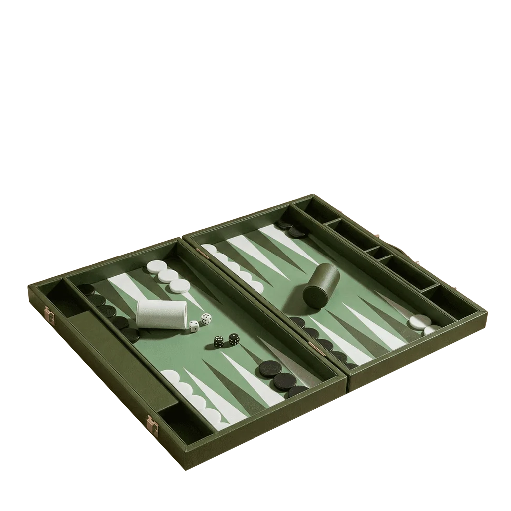An open military-style backgammon set in olive green, featuring a green and white patterned board, black and white checkers, dice, and a dark green rolling cylinder, shown on a plain white background.