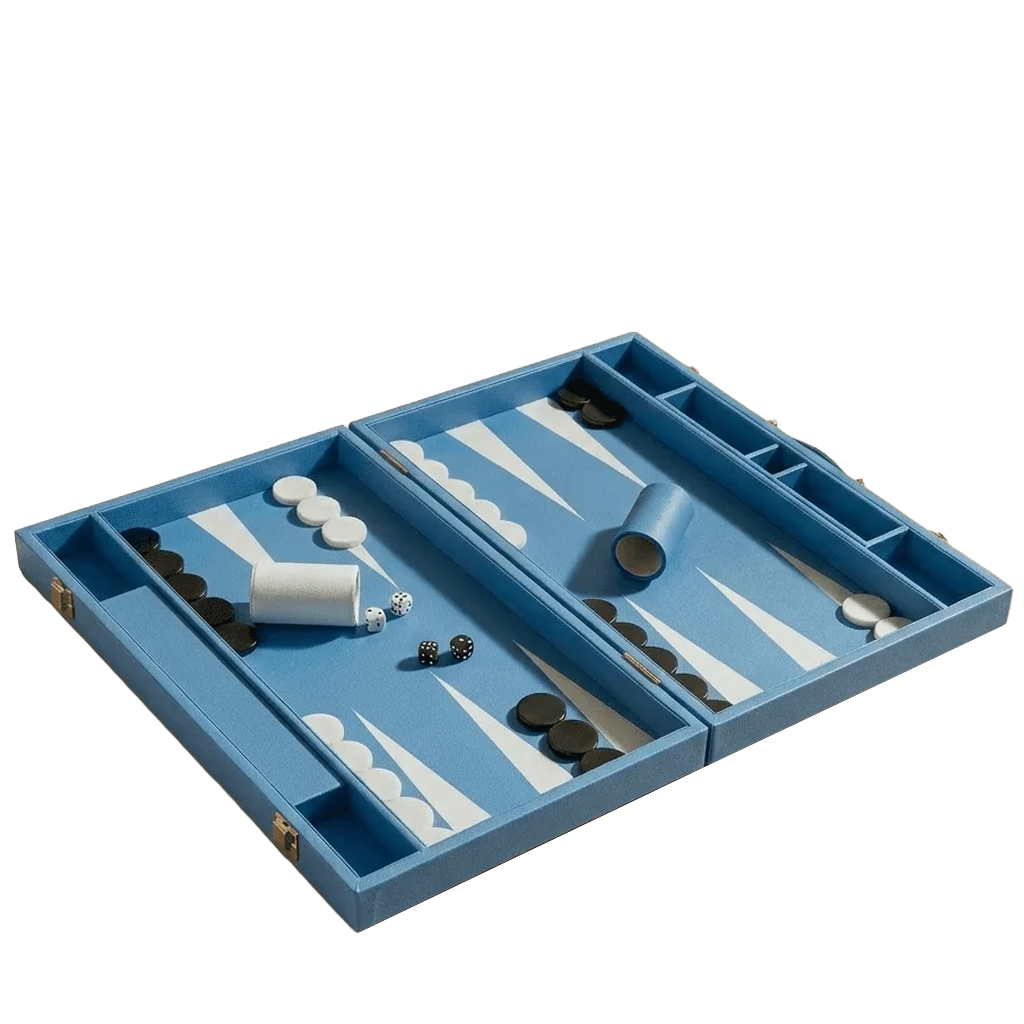 A blue folding backgammon set shown open on a plain white background, with wooden board sections, playing points, dice cup, checkers, and white and black pawns.