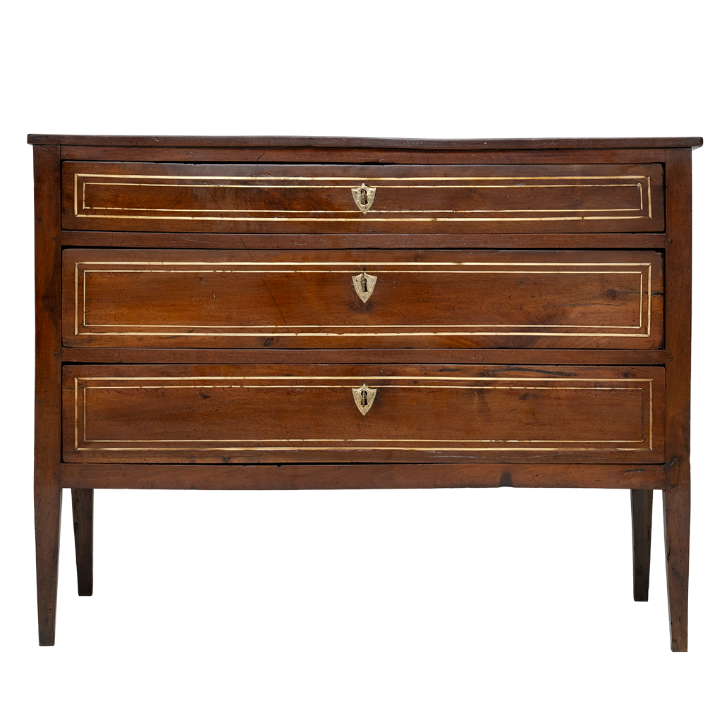 Wooden dresser with three drawers on a white background
