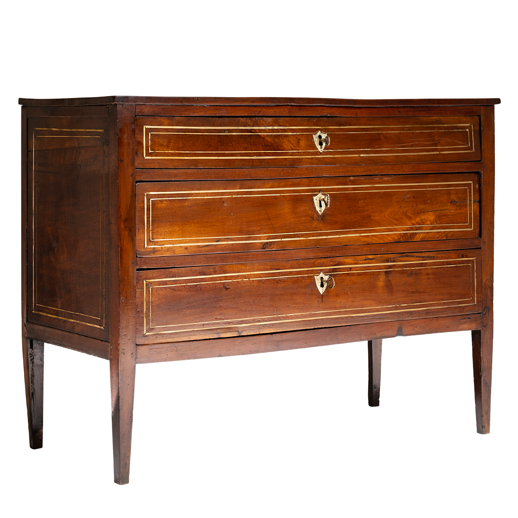 Wooden dresser with three drawers on a white background