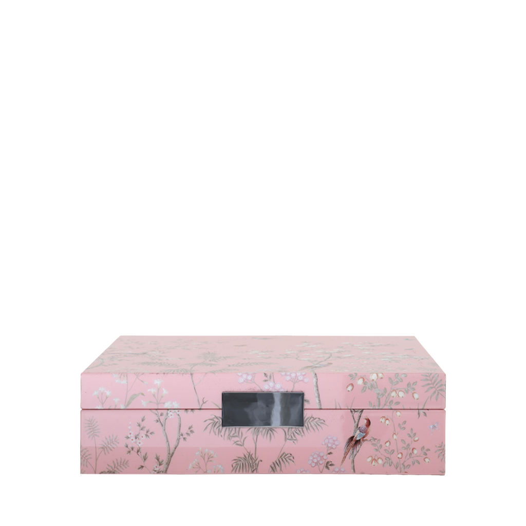 Pink jewelry box with floral design on a white background