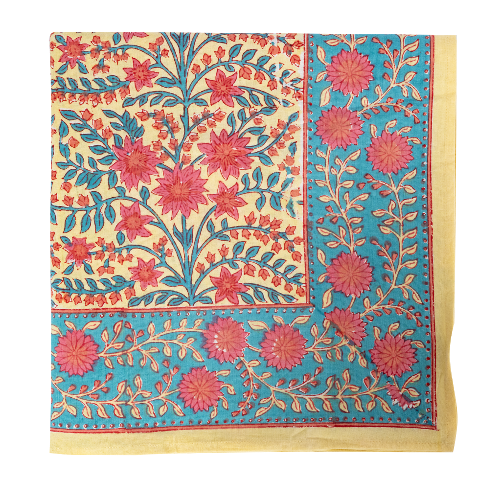 Cotton Liverpool tablecloth with pink floral patterns on beige center and teal border.