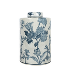 Ceramic tea jar with blue floral illustrations on a white background and a matching lid.