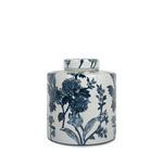 White ceramic tea jar with blue floral blossom design and a round lid.