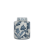 Ceramic tea jar with blue floral patterns on white background, cylindrical shape with rounded shoulders and short neck.