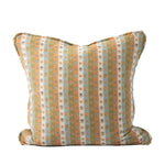 A square decorative throw pillow features alternating vertical stripes in muted peach, sage green, and ivory with a delicate floral pattern throughout. The soft, vintage-inspired color palette gives the pillow a warm and inviting look.