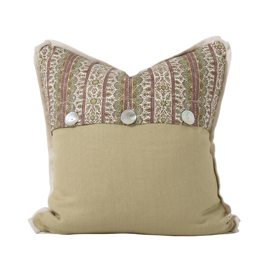 Decorative pillow with patterned top and solid beige bottom on a white background