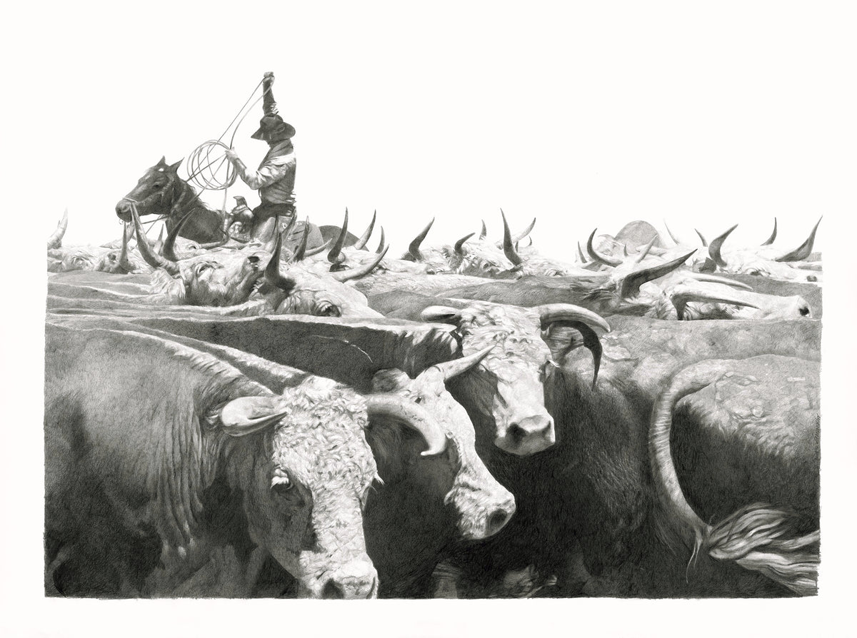 Black and white illustration of a cowboy herding cattle.