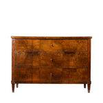 A three-drawer wooden chest of drawers with a rich warm brown finish and small round metal knobs, shown against a plain white background.