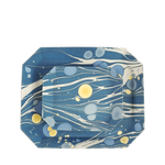 Marble-patterned paper tray with blue, white, and yellow design on a white background