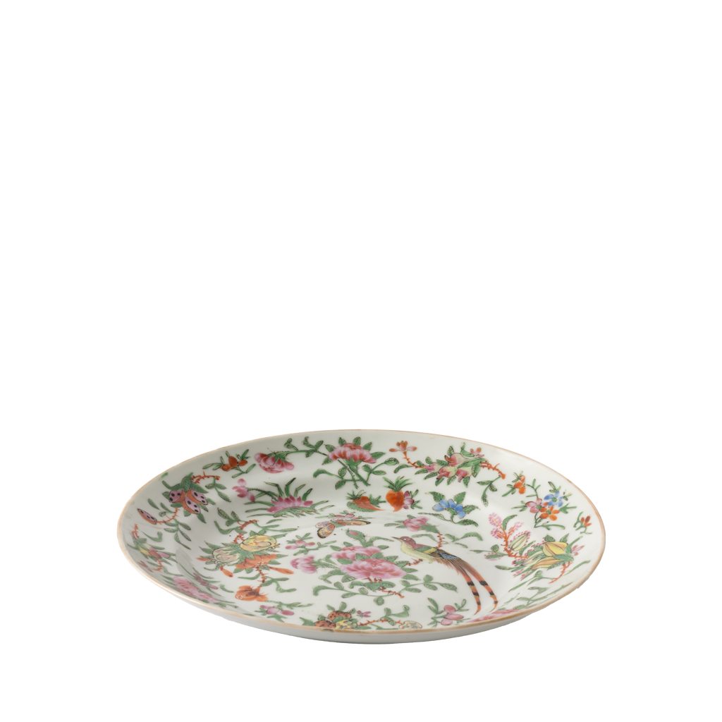 A round ceramic plate with a white glaze and a colorful hand-painted floral and bird pattern, shown against a plain white background.