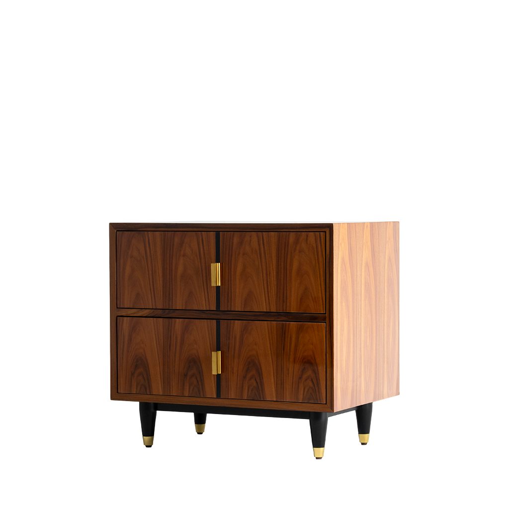 Mid-century modern wooden side table with rich walnut finish, brass handles, and angled legs with brass tips.