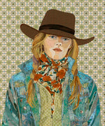 A stylized portrait artwork of a woman wearing a brown cowboy hat, a blue patterned jacket, and a floral scarf, set against a repeating floral background.