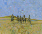 An impressionistic painting of five cowboys on horseback standing in a grassy field under a blue and lavender sky.