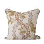 Decorative square pillow featuring a botanical print with a winding brown branch, olive green leaves, and soft blue fruit against a warm ivory background. Pale gray scrolling motifs add an elegant layered detail to the nature-inspired design.